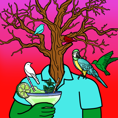 Drinking Trees #0013 — Sunset, a Bare drinking Margarita.