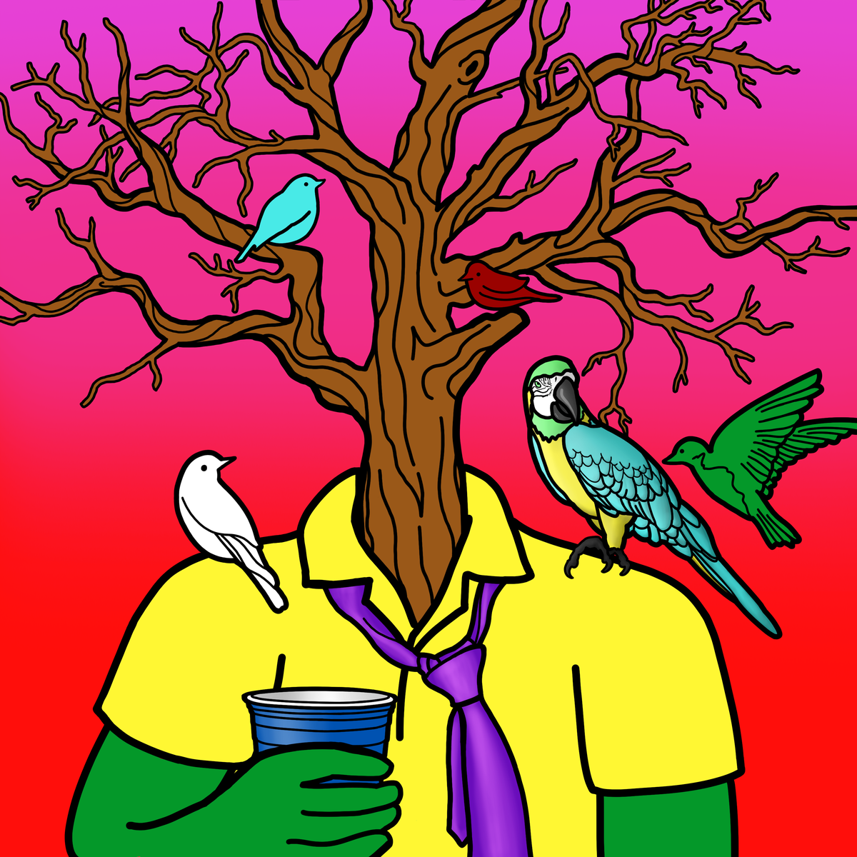Drinking Trees #0007 — Delores, a Bare drinking Blue Solo Cup.