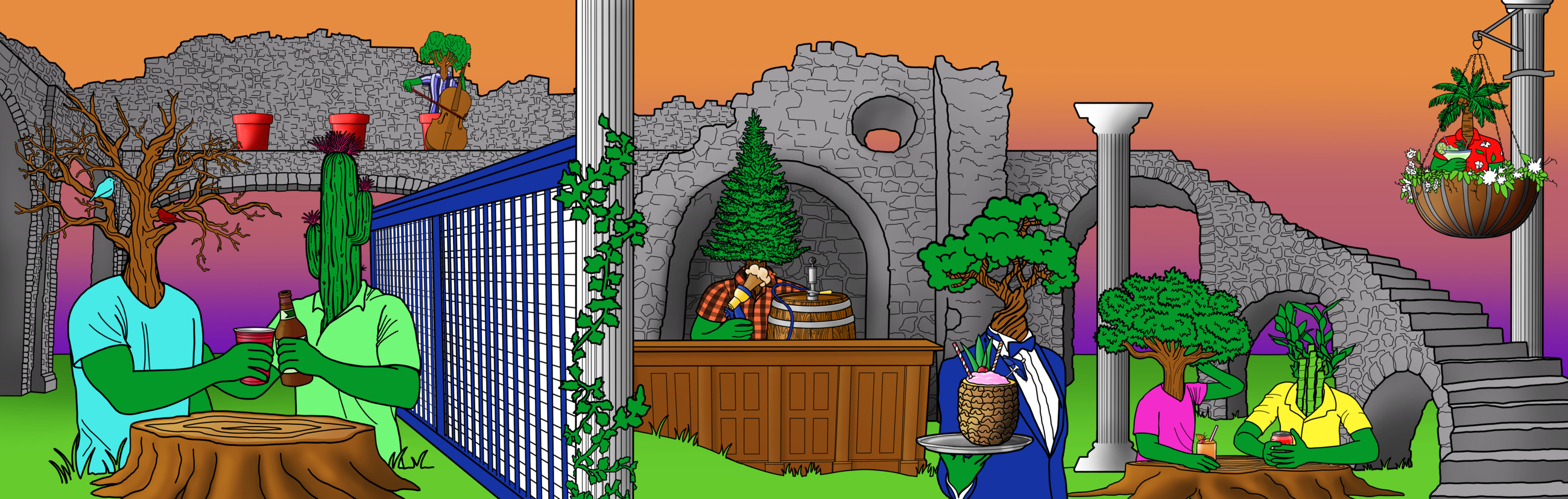 The Drinking Trees bar: stone ruins at sunset, a barrel behind the counter, trees drinking at stump tables.