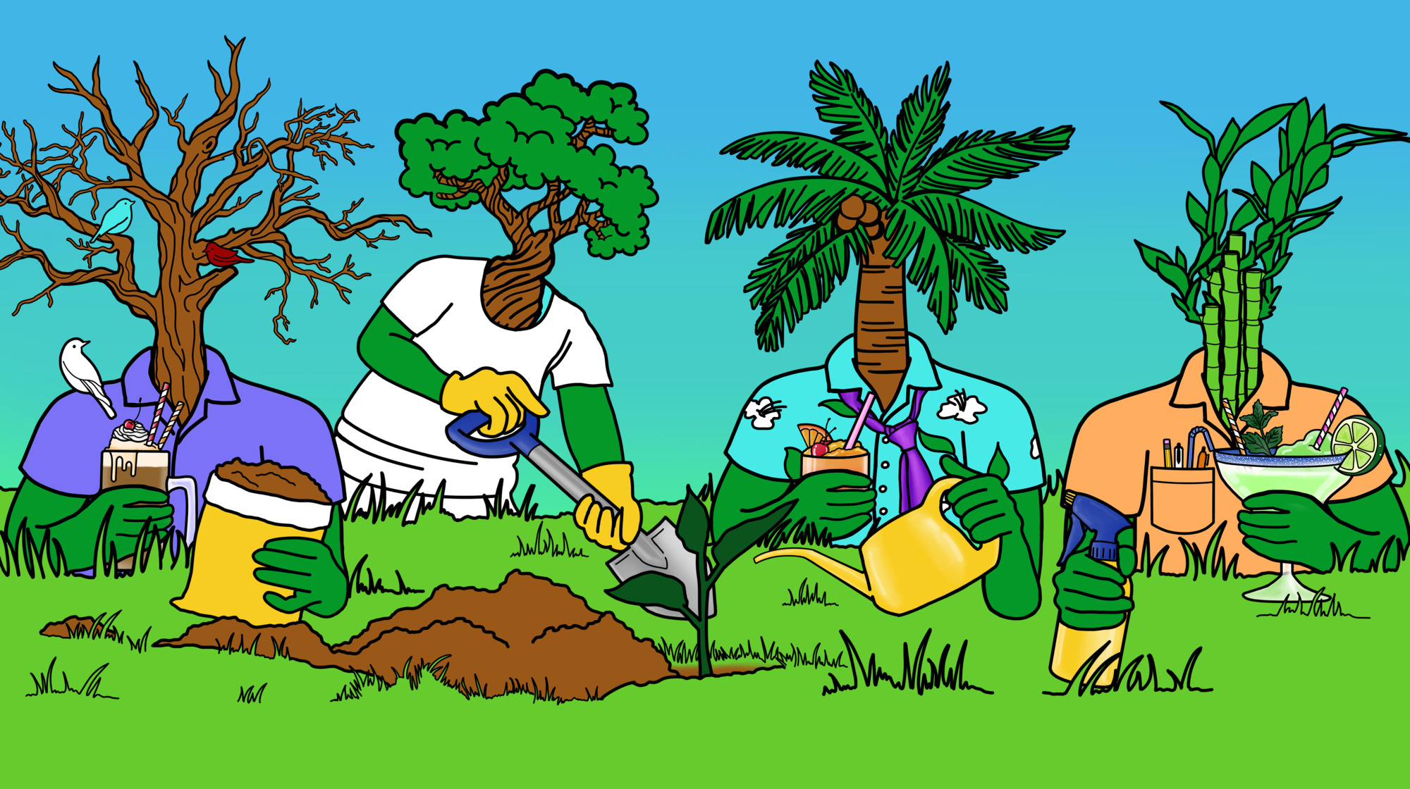 Four drinking trees planting a sapling: a bare tree with a cocktail, a bonsai with a shovel, a palm with a watering can and a bamboo with a margarita.
